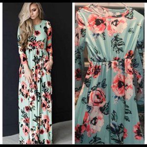 beautiful teal pink floral stretchy maxy dress large L LONG SLEEVE